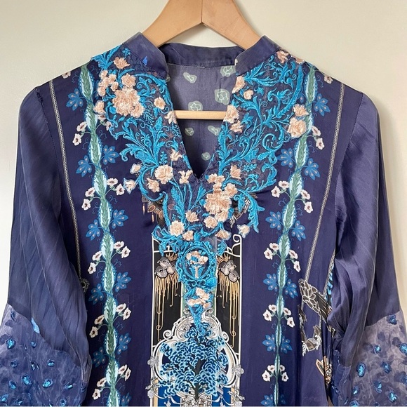 Satin Embroidered Tunic Top Blue Asian Print - Picture 3 of 7